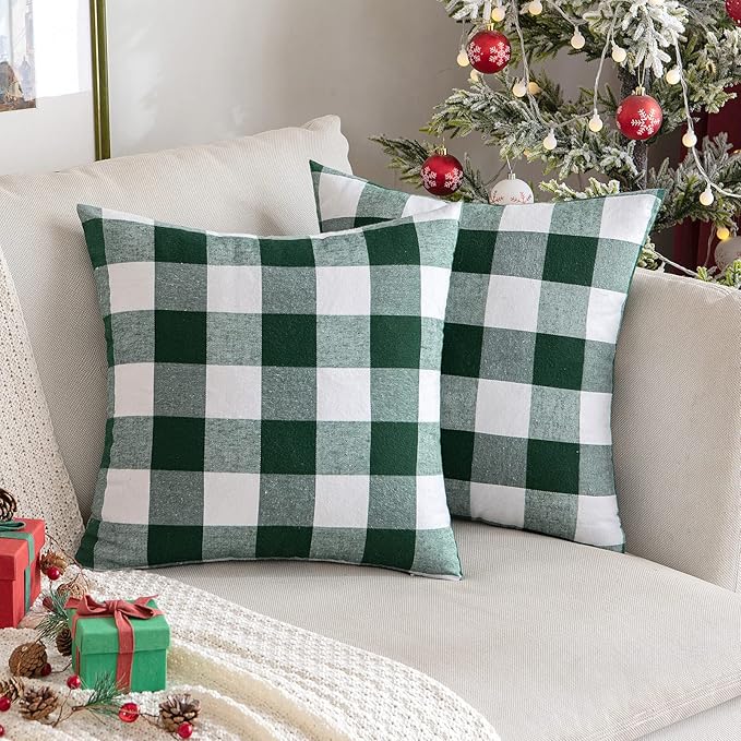 MIULEE Christmas Pack of 2 Buffalo Check Plaids Throw Pillow Covers Classic Retro Linen Farmhouse Cushion Case Soft Square Pillowcases for Home Decor Sofa Bedroom Couch 16 x16 Inch Green and White