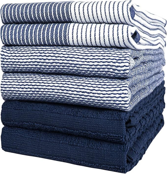 Premium Kitchen Dish Hand Towels (20”x 28”, 6 Pack) | Large,Cotton Flat & Terry Highly Absorbent Tea Towels Set with Hanging Loop | Navy Blue