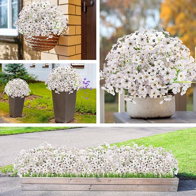 20 Bundles Artificial Flowers for Outdoors Decorations, Fake Flowers Faux Plants Silk Colorful Daisy Eucalyptus Flowers Realistic UV Resistant for Garden Patio Porch Box Home Decor, White