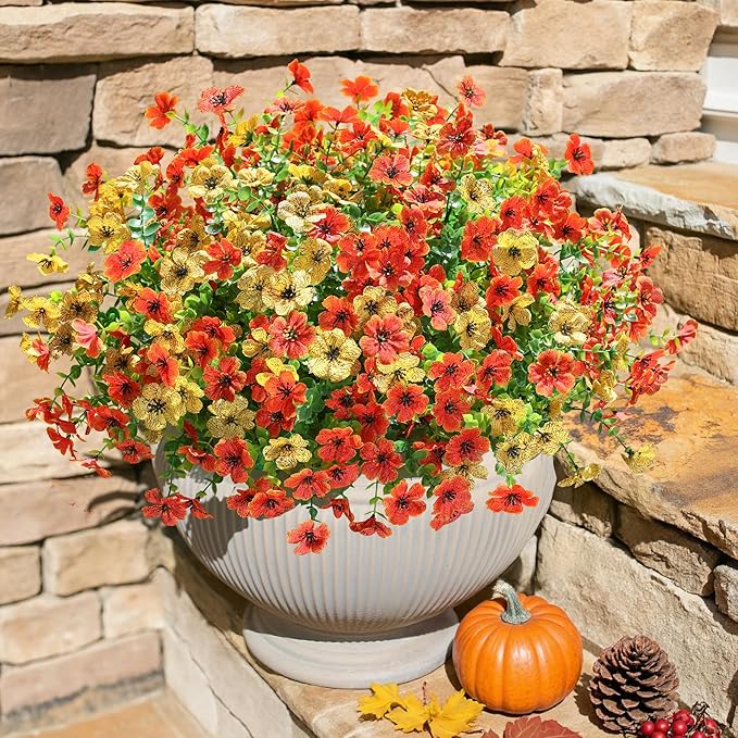 Artificial Fall Flowers Faux Mums for Outdoor Indoor Garden Home Decoration, Faux Flower Daisy with Eucalyptus Leaves Fake Mums Plants Greenery Boxwood Porch Patio, 12 Bundles (OrangeYellow)