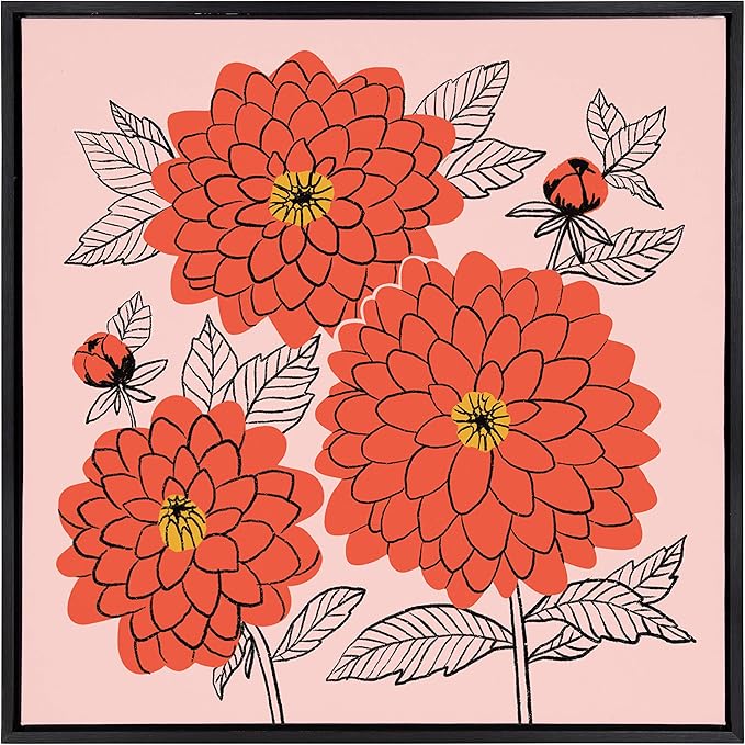 Kate and Laurel Sylvie Sketchy Dahlias Framed Canvas Wall Art by Maria Filar, 24x24 Black, Chic Floral Art for Wall