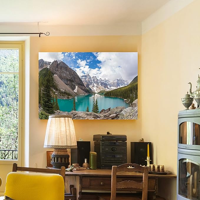 Renditions Gallery Canvas Nature Artwork Banff Valley Snowy Mountaing Range along the Lake Hanging Prints for Living Room Office Walls - 12"X18" LT08