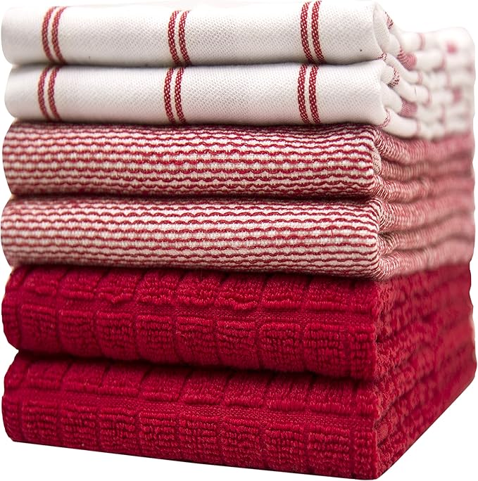 Premium Kitchen Towels (20”x 28”, 6 Pack) – Large Cotton Kitchen Hand Towels – Flat & Terry Towel – Highly Absorbent Tea Towels Set with Hanging Loop (Red Check)
