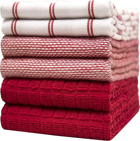 Premium Kitchen Towels (20”x 28”, 6 Pack) – Large Cotton Kitchen Hand Towels – Flat & Terry Towel – Highly Absorbent Tea Towels Set with Hanging Loop (Red Check)