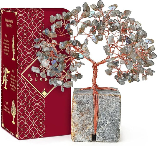 Crystal Tree of Life Feng Shui Decor for Home and Office, Labradorite Chakra Healing Crystal Handmade Tree for Positive Energy, Money, Good Luck, Christmas Decor, Birthday Gifts for Women