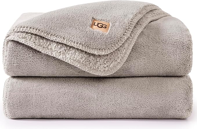 UGG Whitecap Plush Throw Blanket Fleece Lightweight Soft Throw for Couch or Bed Luxury Home Decor for Living Room Washable Hypoallergenic Blankets for Dorm Decor, 50-inch x 70-inch, Light Grey Seal