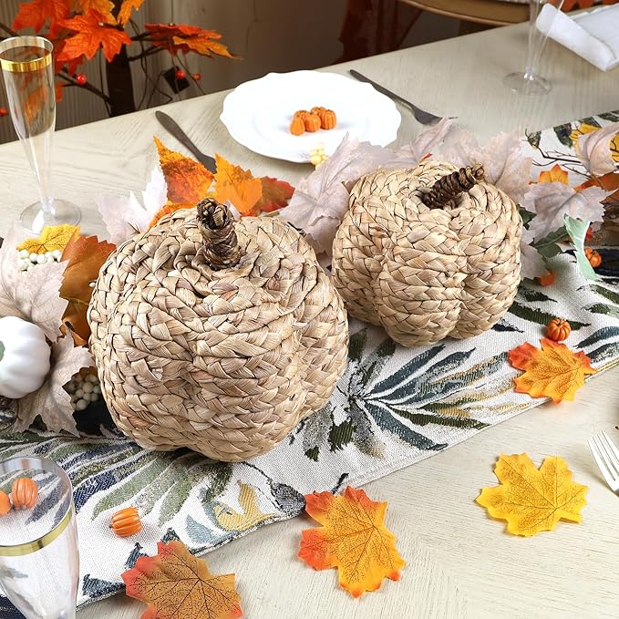 winemana 2 Pack Pumpkin Fall Decor Thanksgiving Decorative Pumpkins for Home Woven Cattail Figurines Farmhouse Autumn Decorations Fall Centerpieces for Table Porch Mantel Indoor (Beige)