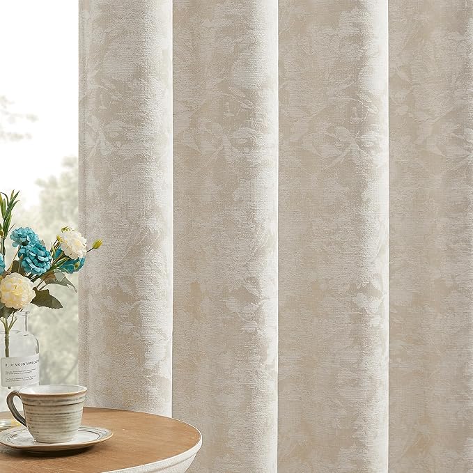 Beauoop Beige Floral Jacquard Blackout Curtains 63 Inches Long 2 Panels for Bedroom Living Room Chenille Flower Room Darkening Thermal Soundproof Rod Pocket Back Tab Window Treatments Drapes, 52x63