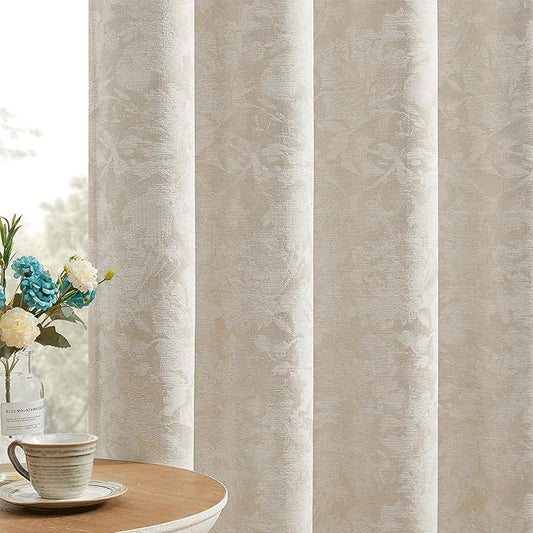 Beauoop Beige Floral Jacquard Blackout Curtains 108 Inches Long 2 Panels for Bedroom Living Room Taupe Flower Chenille Room Darkening Thermal Soundproof Grommet Window Treatments Drapes 52x108