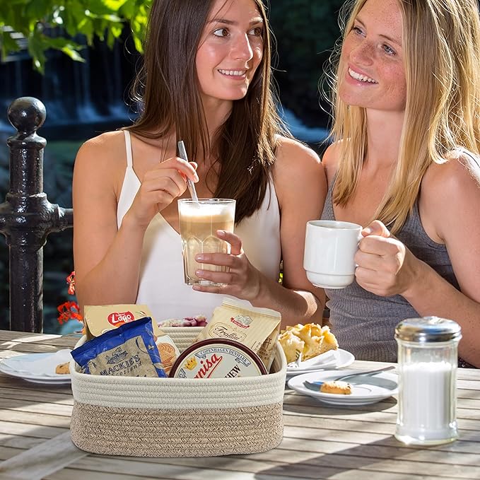 Small Woven Storage Baskets 12“X8”X5“ Decorative Rope Bins for Organizing Shelves, Closets, and Toys, Empty Gift Baskets, Cute Organizer Basket for Home and Office (white and brown regular)