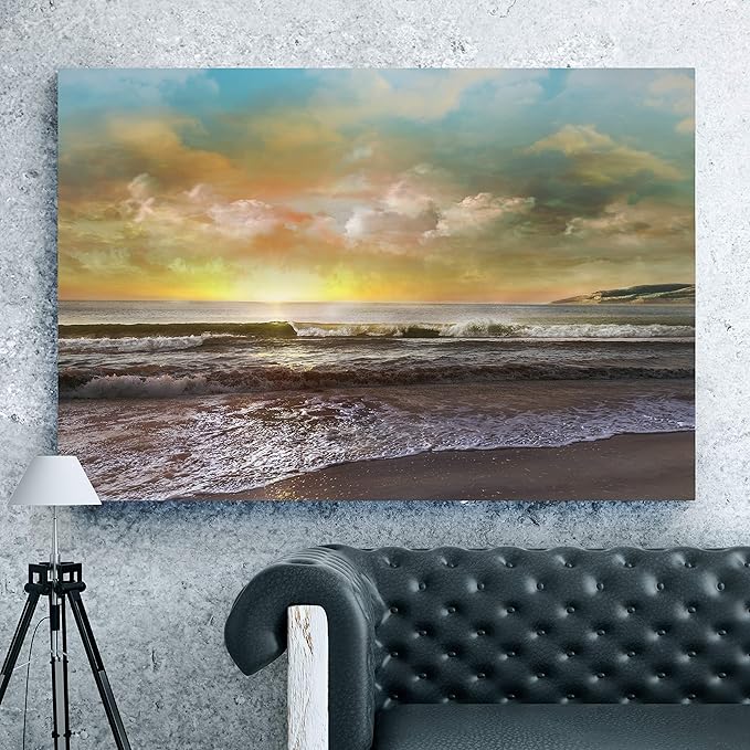 Renditions Gallery Canvas Nature Art Landscape View of Dusk at Calm Ocean Beach Wall Hanging Prints for Office Home Kitchen Decorations - 24"X36" LT08