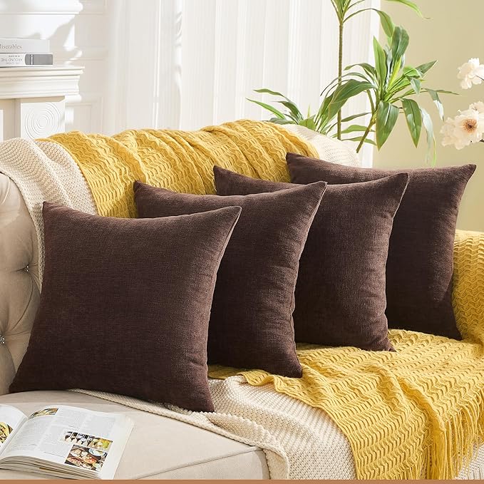 GAWAMAY Decorative Square Throw Pillow Covers 18x18 Inch Set of 4, Super Soft Chenille Pillows Cover Fall Pillowcase for Living Room Bedroom Sofa Couch Cushion Cover Coffee 45x45cm (No Insert)