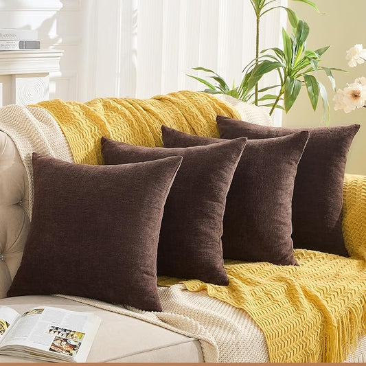 GAWAMAY Decorative Square Throw Pillow Covers 18x18 Inch Set of 4, Super Soft Chenille Pillows Cover Fall Pillowcase for Living Room Bedroom Sofa Couch Cushion Cover Coffee 45x45cm (No Insert)