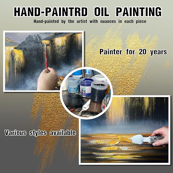 Waterfall Hand Painted Oil Painting On Canvas For Living Room - Black White and Gold Wall Decor For Bedroom - Huge Canvas Wall Art For Office Size 36 x 72 Inch