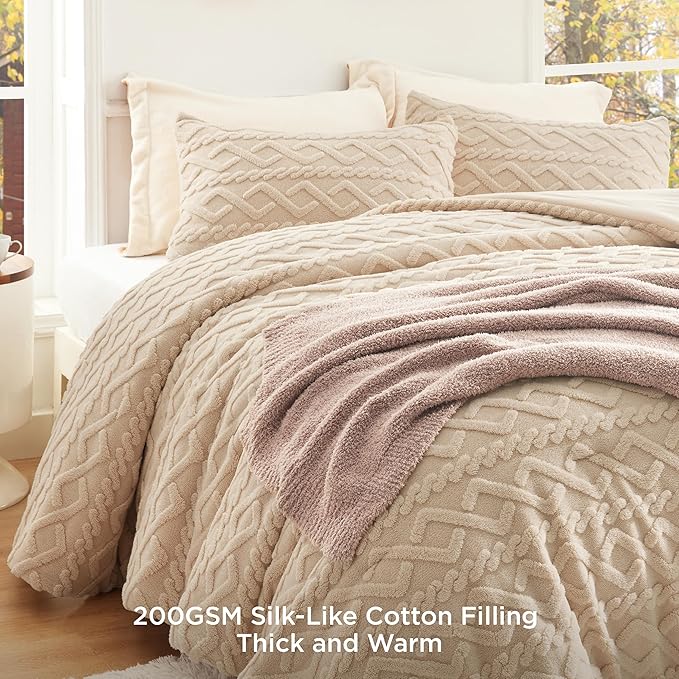Bedsure King Size Fluffy Comforter Set, Warm Sand Plush Fleece Bed Set King, Luxury Jacquard Farmhouse Boho Soft Warm Bedding for Winter, 1 Comforter (104"x90") and 2 Pillowcases (20"x36")
