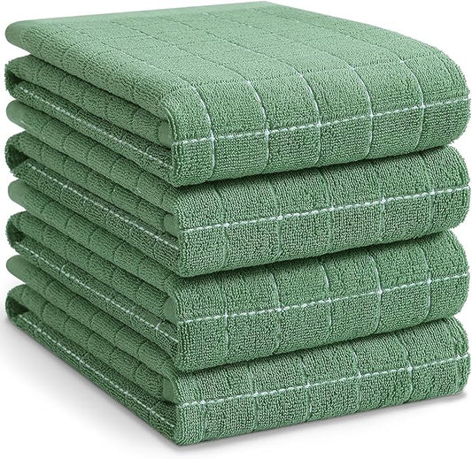 Homaxy 100% Cotton Terry Kitchen Towels(Grass Green, 20 x 28 inches), Checkered Designed, Soft and Super Absorbent Dish Towels, Large 4 Pack