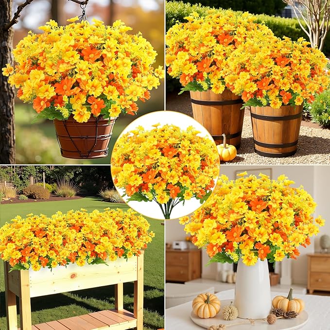 Uieke 12 Bundles Artificial Flowers for Outdoors UV Resistant Fake Daisy Mums Flowers Bulk No Fade Greenery Shrubs for Outside Home Wedding Window Box Garden Porch Fall Décor (Orange Yellow)
