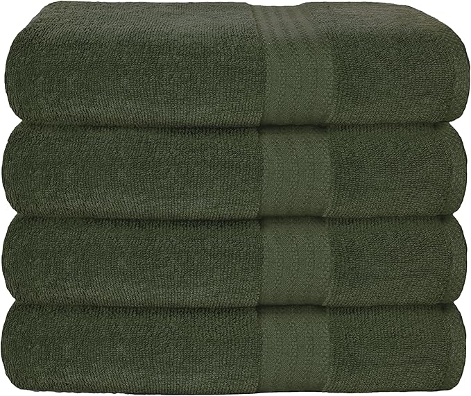 GLAMBURG Premium Cotton 4 Pack Bath Towel Set - 100% Pure Cotton - 4 Bath Towels 27x54 - Ideal for Everyday use - Ultra Soft & Highly Absorbent - Olive Green