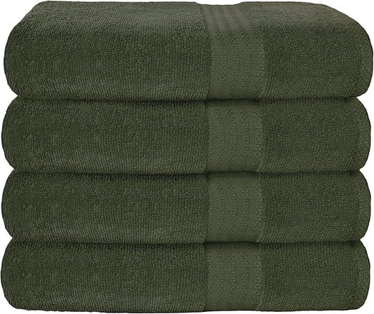 GLAMBURG Premium Cotton 4 Pack Bath Towel Set - 100% Pure Cotton - 4 Bath Towels 27x54 - Ideal for Everyday use - Ultra Soft & Highly Absorbent - Olive Green