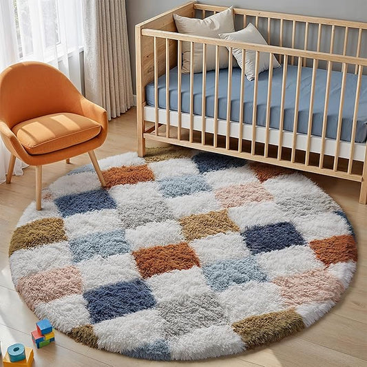 Checkered Rug 4x4 for Living Room, Modern Rainbow Shag Rug Super Soft Washable Indoor Fuzzy Carpet Non-Slip Fluffy Rugs for Bedroom Home Aesthetic Decor