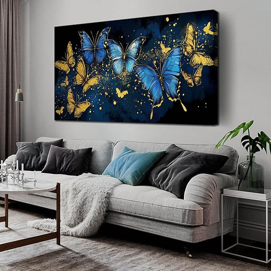 Butterfly Canvas Wall Art for Living Room - Modern Wall Art Office - Blue and Gold Butterfly Wall Art for Bedroom Size 29" x 59"