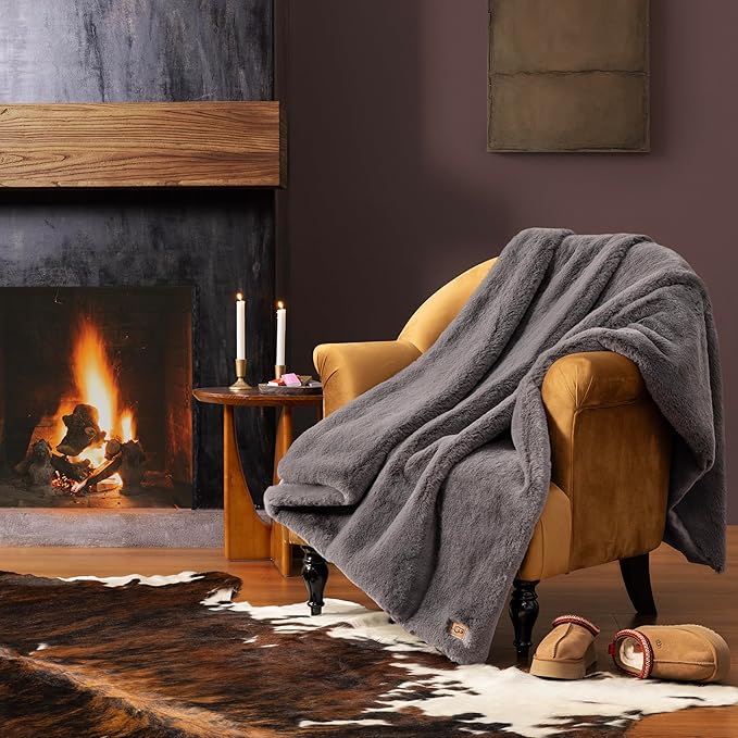 UGG Plush Faux Fur Throw Blanket Reversible Medium Weight Luxury Soft Throw Blankets for Bed or Chair, Hypoallergenic, Machine Washable, Home Decor, 50-inch x 70-inch, Charcoal Dark Grey (Euphoria)