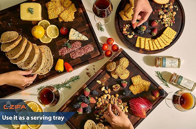 American Dark Walnut Wood Cutting Board 17"x12"x1.6" for Kitchen with Juice Groove, Inner Handles, Gift Box Packaging and End Grain Butcher Block Finished with Linseed Oil, Beeswax & Lemon Oil