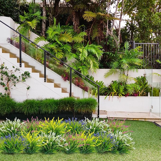 12 Bundles Outdoor Artificial Plants Flowers UV Resistant Fake Tall Grass Plants Bushes Faux Tropical Shrubs for Outside Window Box Planter Front Porch Yard Patio Floral Arrangement