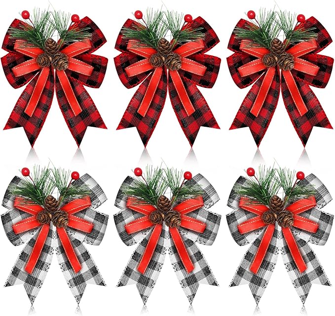 Syhood 6 Pcs Christmas Bows with Pine Cones Pine Needles Xmas Buffalo Plaid Bows Black White Plaid Ribbon Christmas Tree Wreath Decoration for Xmas Parties Indoor Outdoor Crafts DIY Decor