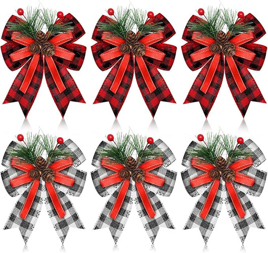 Syhood 6 Pcs Christmas Bows with Pine Cones Pine Needles Xmas Buffalo Plaid Bows Black White Plaid Ribbon Christmas Tree Wreath Decoration for Xmas Parties Indoor Outdoor Crafts DIY Decor