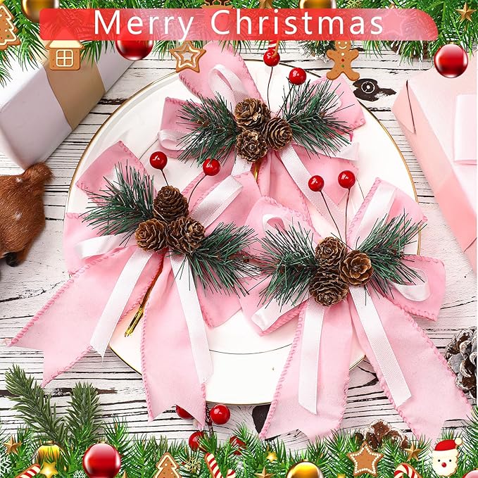 Syhood 6 Pcs Christmas Velvet Bow with Pine Cones Pine Needles Berries Xmas Pink Ribbon Bow Ornaments 6.3 x 5.1 Inch for Christmas Tree Wreath Garden Fireplace Crafts DIY Decor
