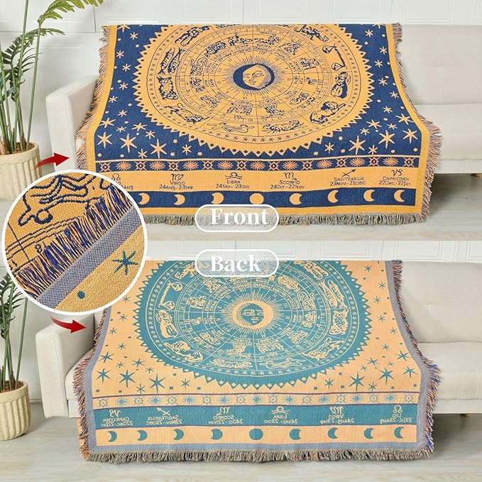 Boho Throw Blanket Reversible Cotton Bohemian Tapestry Hippie Room Decor Outdoor Blanket Double Sided (Boho Horoscope 50"x60")