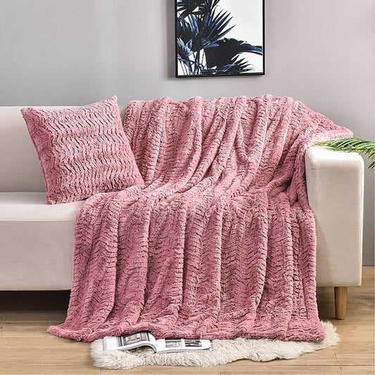 YUSOKI Luxury Faux Fur Throw Blanket(Without Pillows) 2 Layers,3lb,All Ages,Home Decoration, (Pink,50" x 63")