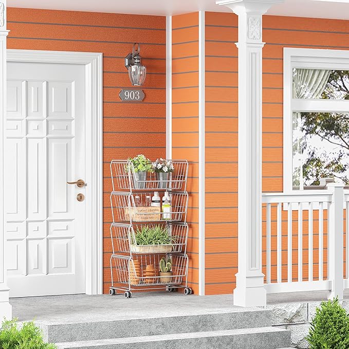 PUSDON Stackable Metal Storage Carts, Dual Use Shelf for Kitchen Fruit Vegetable Baskets with Wheels, Storage Rack for Living Room, Home & Office, Standard Silver Grey 4 Tiers