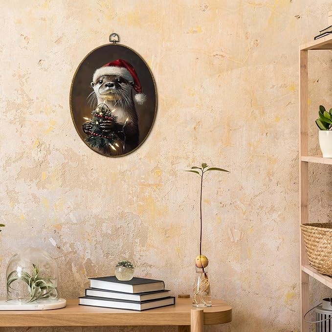 CUANFDDSF Vintage Christmas Otter Oval Wall Art Decor, Dark Academia Santa Otter Wall Hanging Decor, Rustic Holiday Winter Christmas Framed Canvas Prints for Home Bedroom Living Room, 8.6x11.4 Inch