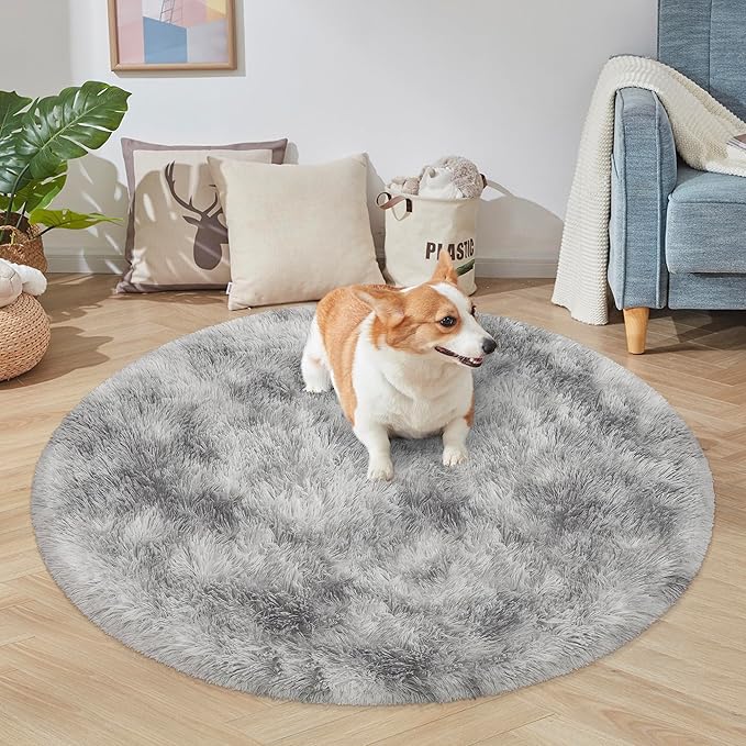 4x4 ft Tie Dye Grey Round Rug for Bedroom Room Fluffy Circle Rug Furry Carpet Shaggy Circular Fuzzy Washable Non-Slip Large Area Rug Soft Indoor for Living Room Cute Aesthetic Home Decor