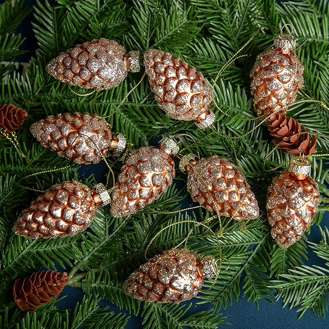 Watayo 12 Pcs Christmas Pinecone Glass Ornaments- Fall Hanging Pine Cone Painted Glass Ornaments- Glitter Pinecone Christmas Ornament for Xmas Tree DIY Crafts Fall Thanksgiving Day Decoration