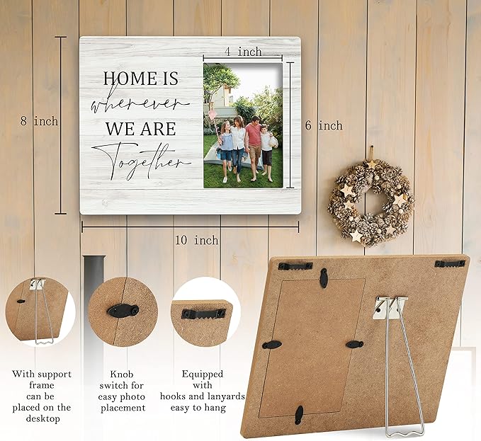 SRADMO Home Is Wherever We Are Together Picture Frame, Family Quotes 10×8 inch Wooden Tabletop Photo Frame for Women Men Family Members, Housewarming Gifts