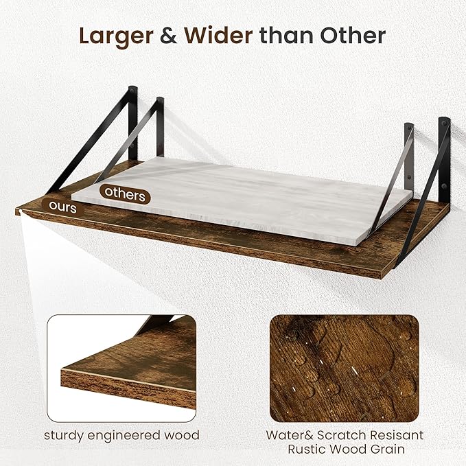 Fun Memories Floating Shelves for Wall, 12 Inch Deep Floating Shelves Set of 2, 48W x 12D Large Wall Shelf with Sturdy Metal Brackets for Living Room, Bathroom, Bedroom and Kitchen, Rustic Brown