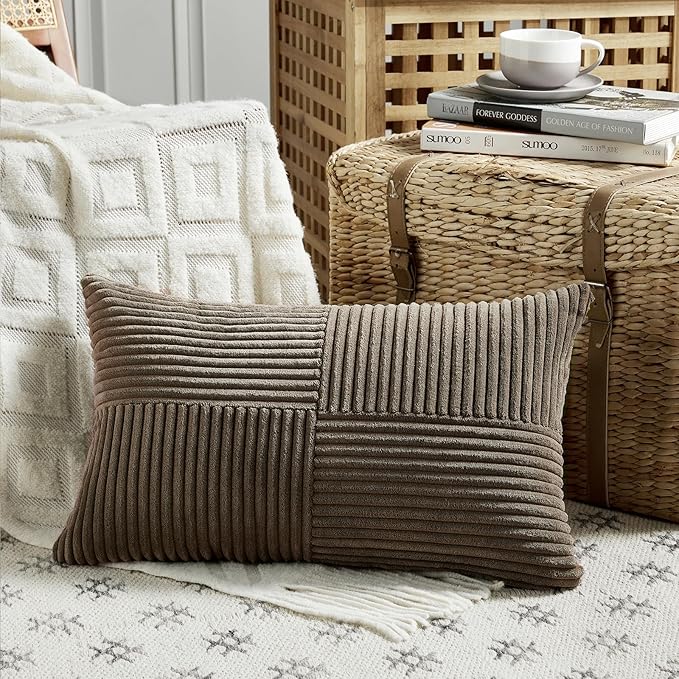 Fancy Homi 4 Packs Dark Brown Lumbar Decorative Throw Pillow Covers 12x20 Inch for Living Room Couch Bed, Rustic Farmhouse Boho Home Decor, Soft Striped Corduroy Rectangle Accent Cushion Case 30x50 cm