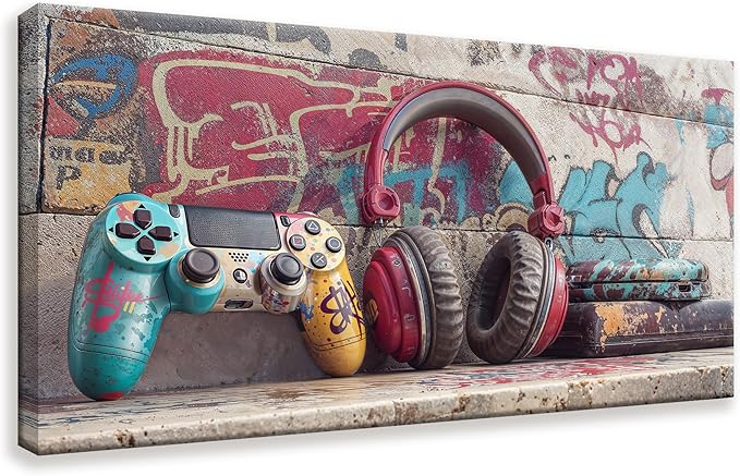 Game Wall Art Graffiti Gamepad Earphone Canvas Art Wall Decor Print Pictures For Bedroom Cool Video Gaming Poster Print Painting Room Decor For Boys Playroom Home Wall Decor Artwork 20"X 40"