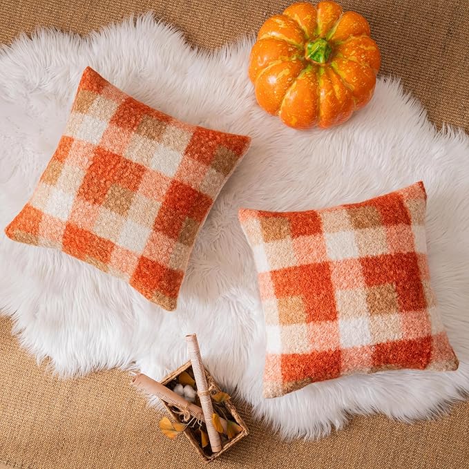 Orange Plaid Fall Throw Pillow Covers 20x20 Inch Set of 2, Boucle Decorative Pillow Covers,Cozy Fluffy Home Living Room Farmhouse Decor for Sofa Couch Bed