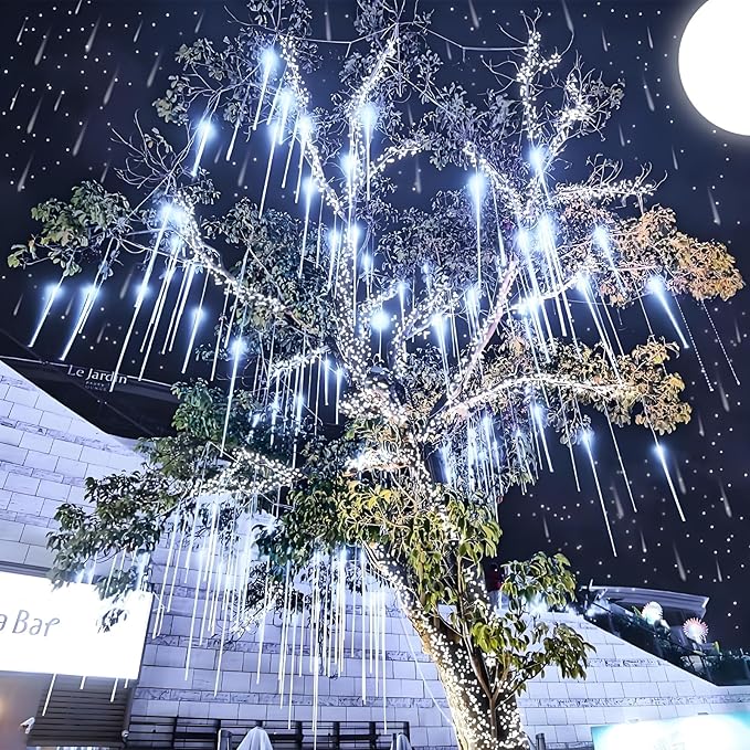 Aukora White Christmas Lights Outdoor, UL Plug 24 Tubes 576 LEDs Meteor Shower Light, Tandemable Icicle Snow Falling Rain Light for Xmas Tree Halloween Decorations Wedding Party Holiday Garden Decor