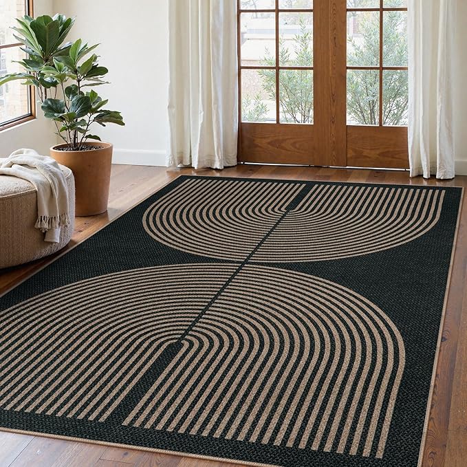 Lahome Modern Rainbow Easy Jute Carpet, Washable 5x7 Area Rugs for Living Room Patio Black Farmhouse Indoor Outdoor Rugs, Contemporary Natural Non Slip Floor Carpet for Office RV Backyard
