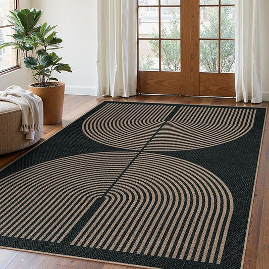 Lahome Modern Rainbow Easy Jute Carpet, Washable 5x7 Area Rugs for Living Room Patio Black Farmhouse Indoor Outdoor Rugs, Contemporary Natural Non Slip Floor Carpet for Office RV Backyard
