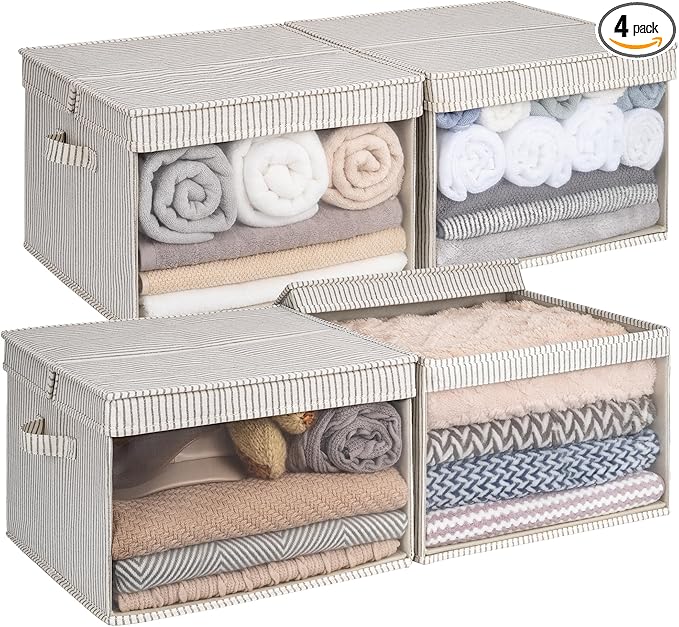 StorageWorks Storage Bins with Lid and Clear Window, Fabric Storage Boxes with Lids, Stackable Basket for Shelves, Closet Organizer and Storage Bins, Gray and White Stripes, Jumbo, 4-Pack