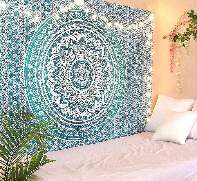 RAJRANG Extra Large King Size Mandala Tapestry for Bedroom and Living Room Wall Hanging Cotton Ombre Tapestries Sea Green 90x108 Inch