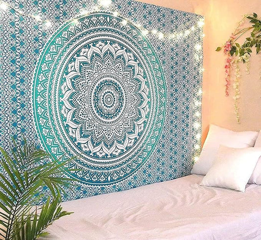 RAJRANG Extra Large King Size Mandala Tapestry for Bedroom and Living Room Wall Hanging Cotton Ombre Tapestries Sea Green 90x108 Inch