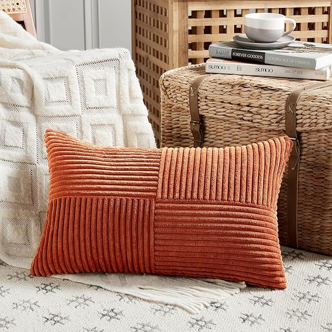 Fancy Homi Set of 4 Burnt Orange Lumbar Decorative Throw Pillow Covers 12x20 Inch for Living Room Couch Bed, Boho Farmhouse Fall Home Decor, Soft Corduroy Cross Patchwork Cushion Case 30x50 cm