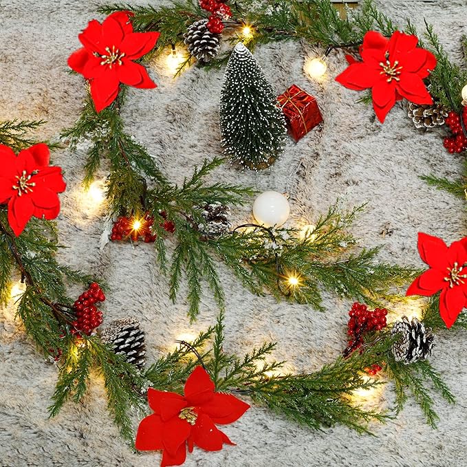 DR.DUDU 6 FT Pre-lit Artificial Christmas Garland with 20 LED Lights, Battery Powered with Pine Cones, Red Berries, Pine Needles, Lighted Christmas Wreath for Holiday Party, Xmas Tree Decorations